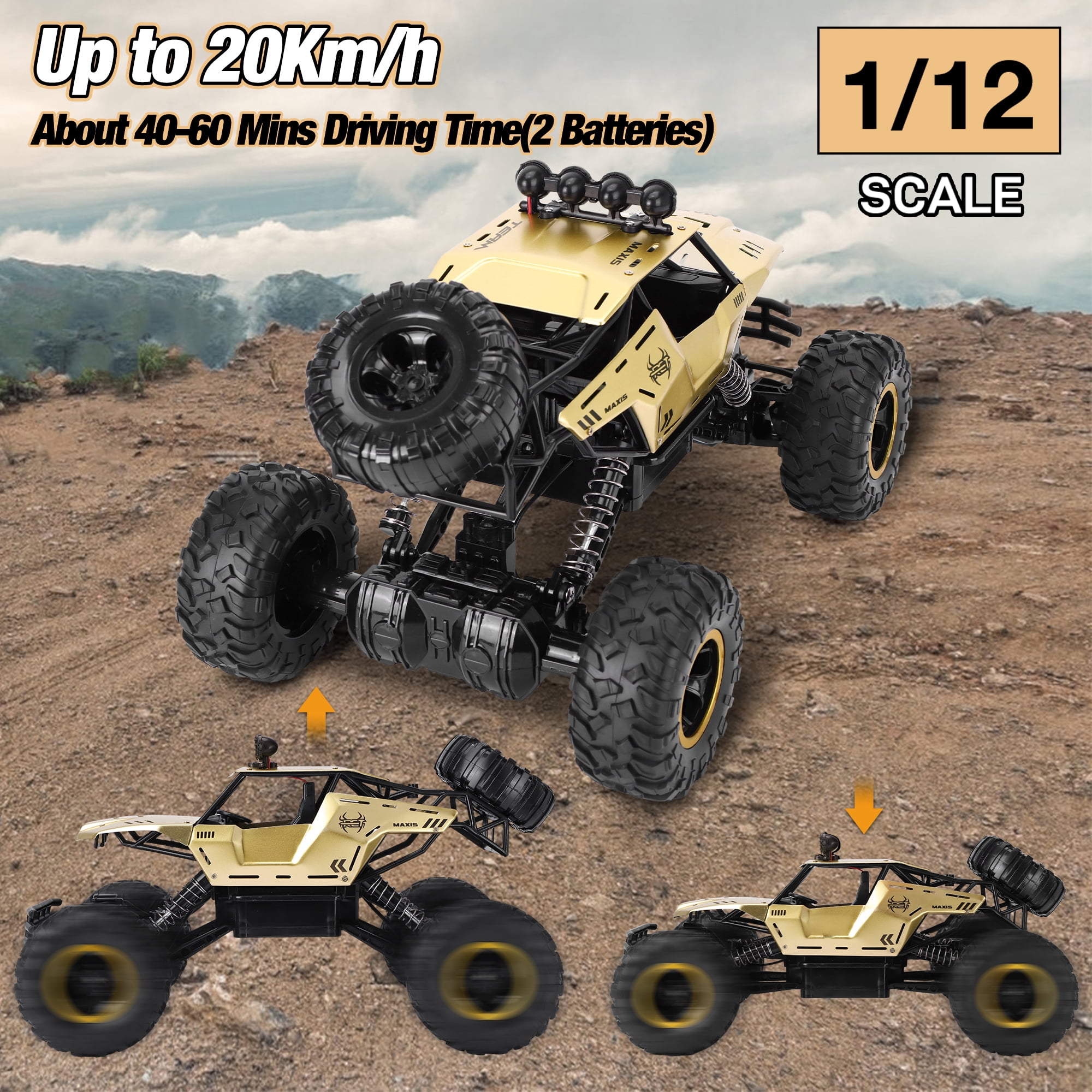 Wisairt 1:12 Large RC Cars, 4WD Large Remote Control Monster Truck 2.4 GHz Alloy RC Cars for Kids Adults Aged 6 + Birthday Gifts (Gold)