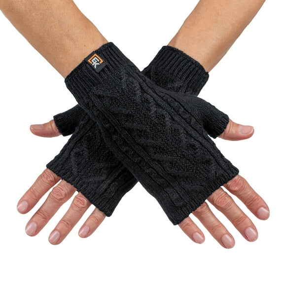 Wool Cable Knit Fingerless Mittens - Made in the USA - Super Soft Merino Wool - Small - Black