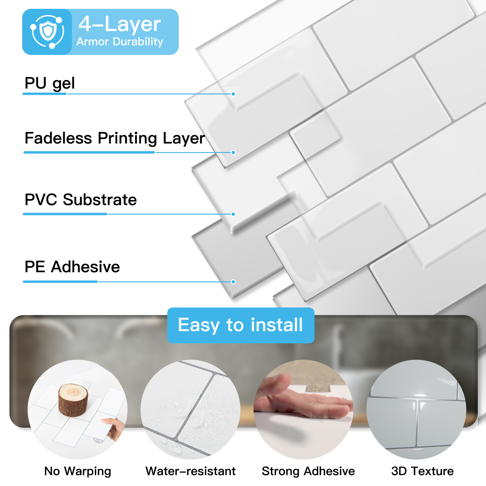 10PCS 10.6''x12.6'' Peel and Stick Backsplash in White,Heavy-Duty Self-adhesive Subway Tile for Kitchen Bathroom