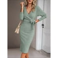thumbnail image 2 of Women'S Long Sleeve Sweater Dress Side Split Bodycon Dresses Fall Midi Long Deep V Neck Fitted Spring Light Green M, 2 of 6