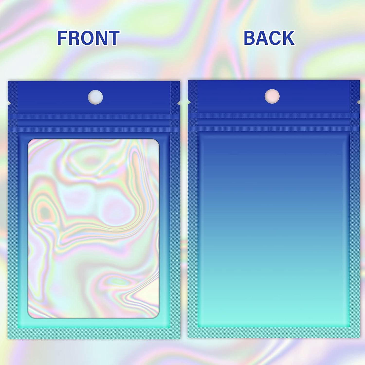 100 Holographic Gradient Mylar Bags with Clear Window, Resealable Zip Pouch, Packaging Party Sample Bags (Gradient Blue, 4.1x5.9 Inch)