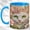 Blue, variant on White Cat Face Coffee Mug, Floral Cat Mug, Ceramic 11 oz