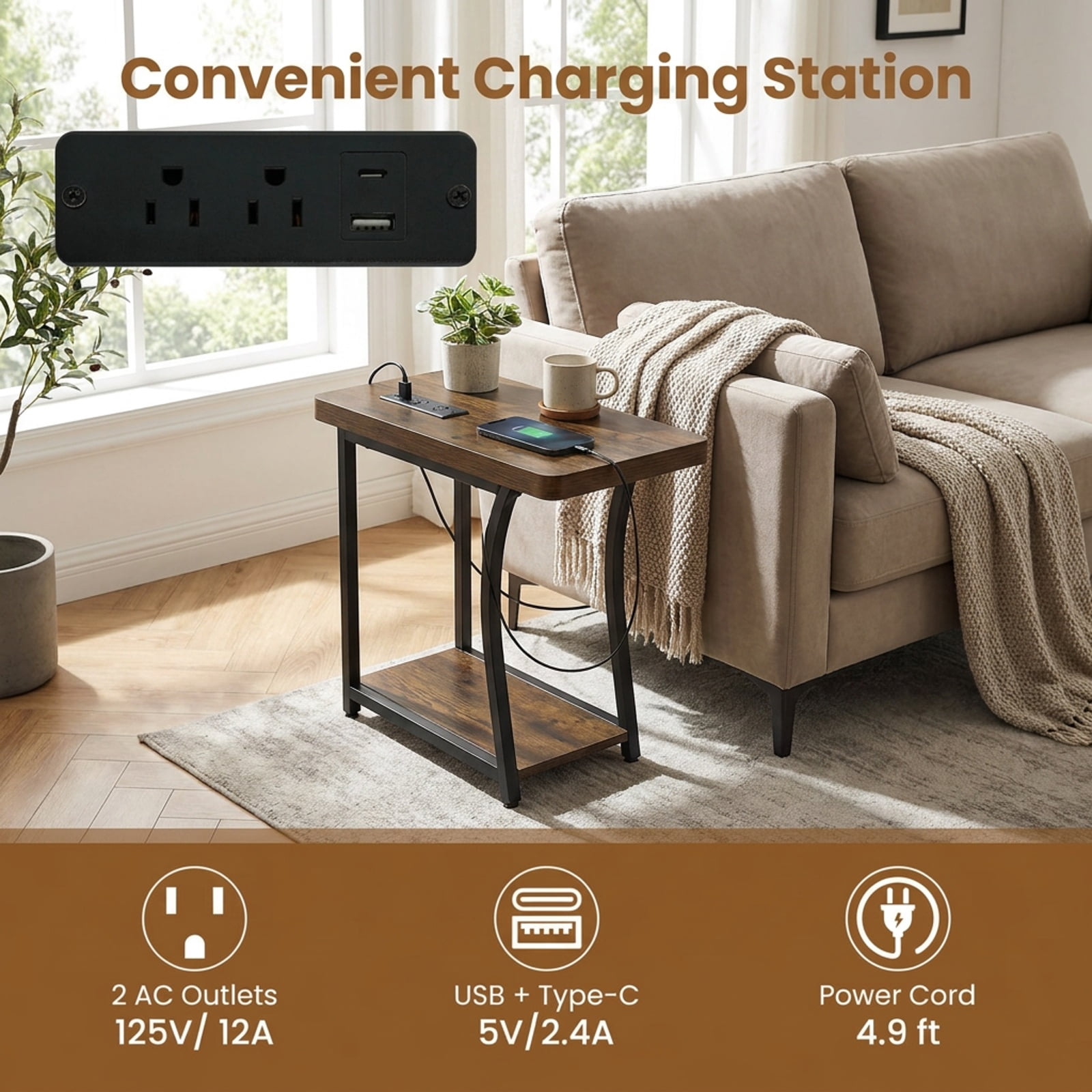 Furnibear 32 Inch Narrow Console Table for Entryway with USB Type-C AC Outlets 16-Color RGB LED Lights and 3-Tier Storage Shelves, Rustic Brown