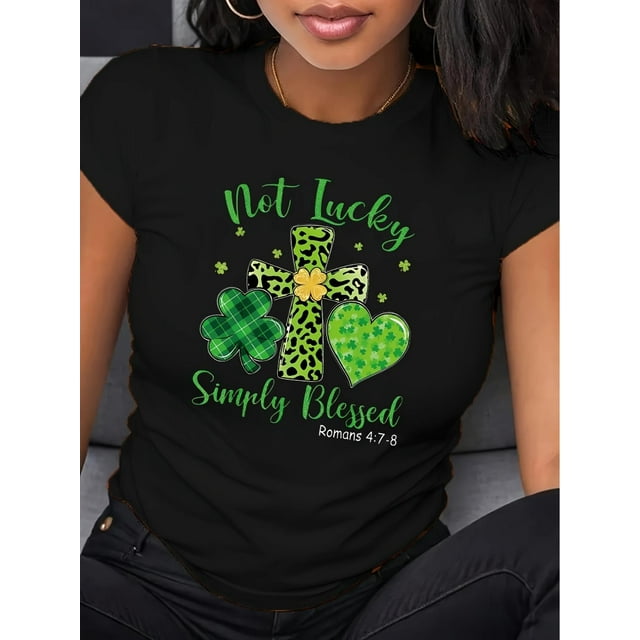St. Patrick's Day T-Shirt, Casual Crew Neck Short Sleeve Polyester Top, Knit Fabric, Regular Length, with "Not Lucky Simply Blessed" Graphic, for All Seasons