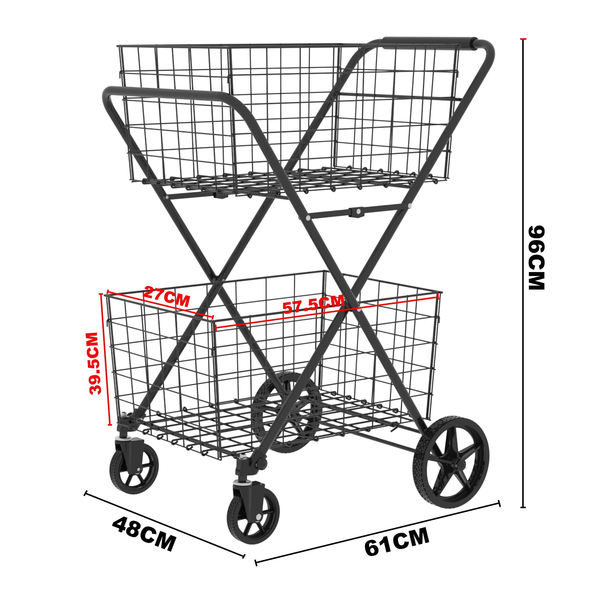 Shopping Cart,2 Layers Grocery Cart on Wheels,Foldable Utility Shopping Carts with Double Basket and 360° Rolling Swivel Wheels