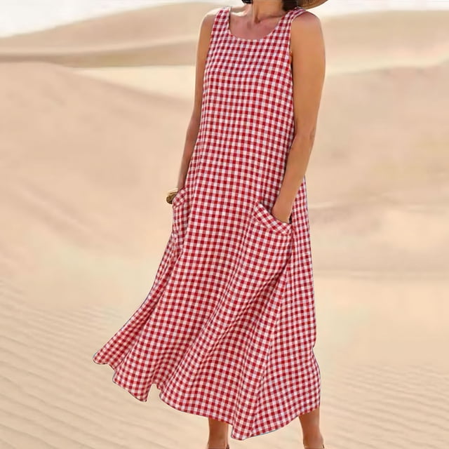 TaTaai Women's Elegant Plaid Sleeveless Loose Long Dress Flared Hem Casual Tank Dress Soft Lightweight Comfortable Dress Ideal for Work Daily and Vacation Gift