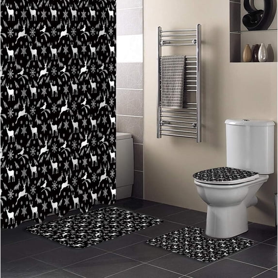 FMSHPON Merry Christmas 4 Piece Bathroom Set Shower Curtain Bath Rug Contour Mat and Toilet Lid Cover