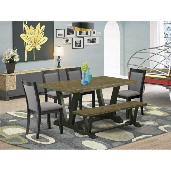 East West Furniture V676MZ650-6 6 Pc Dining Set - Distressed Jacobean Table with Bench and 4 Dark Gotham Grey Chairs - Wire Brushed Black Finish