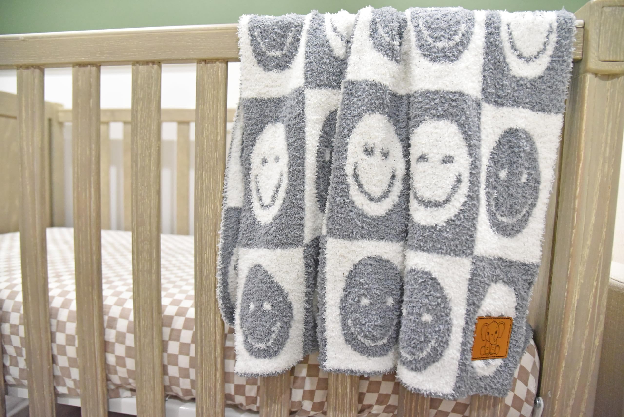 Checkered Smiley Face Baby Blanket 28"x40" with Leather Patch - Soft Knitted Throw - Receiving Blanket/Newborn Gift Gray/White