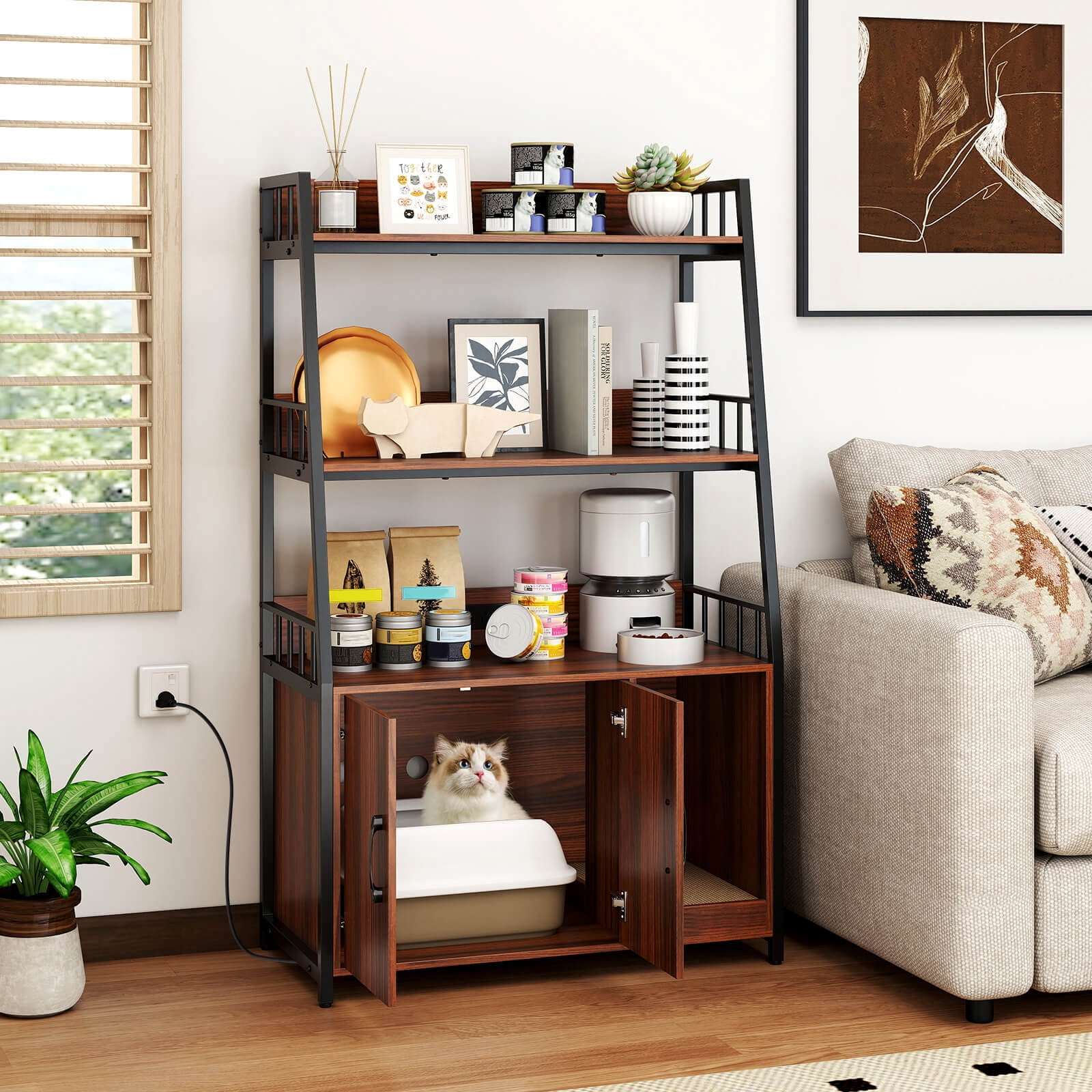 Costway Cat Litter Box Enclosure with Storage Shelves with Scratching Pad, Charging Station