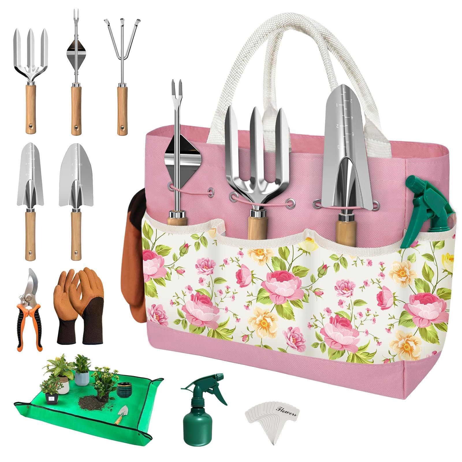 22pcs Garden Tools Set For Women Mothers Day Gifts Mom Beginner Heavy Duty Hand Tool Kit Gardening Supplies Included Handy Tote Bag/trowel/repotting Mat/rake/pruner/gloves/plant Tags -pink