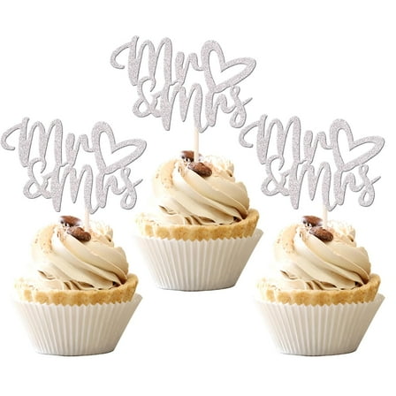 12pcs Mr & Mrs Cupcake Toppers with Love Heart Bridal Shower Cupcake Picks Wedding Engagement Birthday Party Cake Decorations Supplies Silver