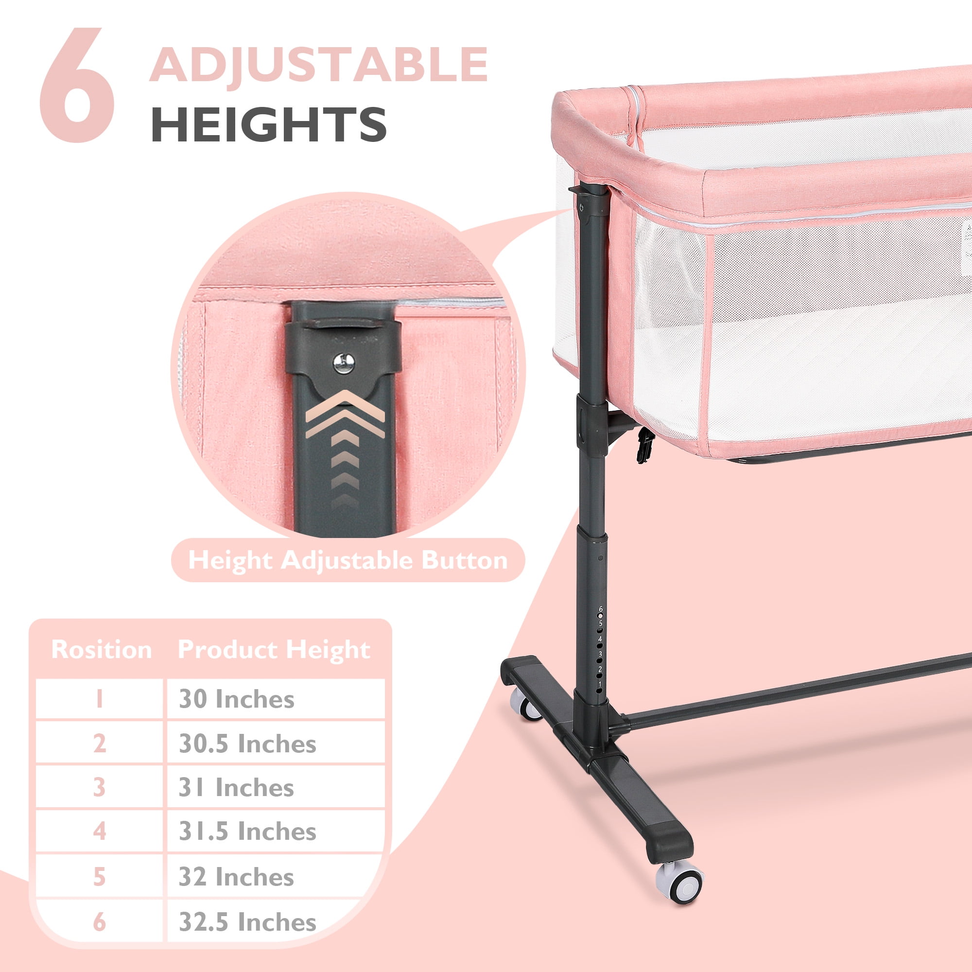 AILEEKISS Baby Bassinet with Wheels Adjustable Bedside Sleeper Bassinet Newborn Baby Crib, Pink