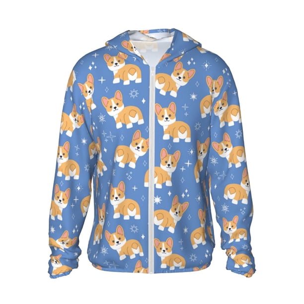 Balery Corgi Sudadera ligera de manga larga con capucha y protección solar UPF 50+ para hombre y mujer, ideal para pesca y running-Large