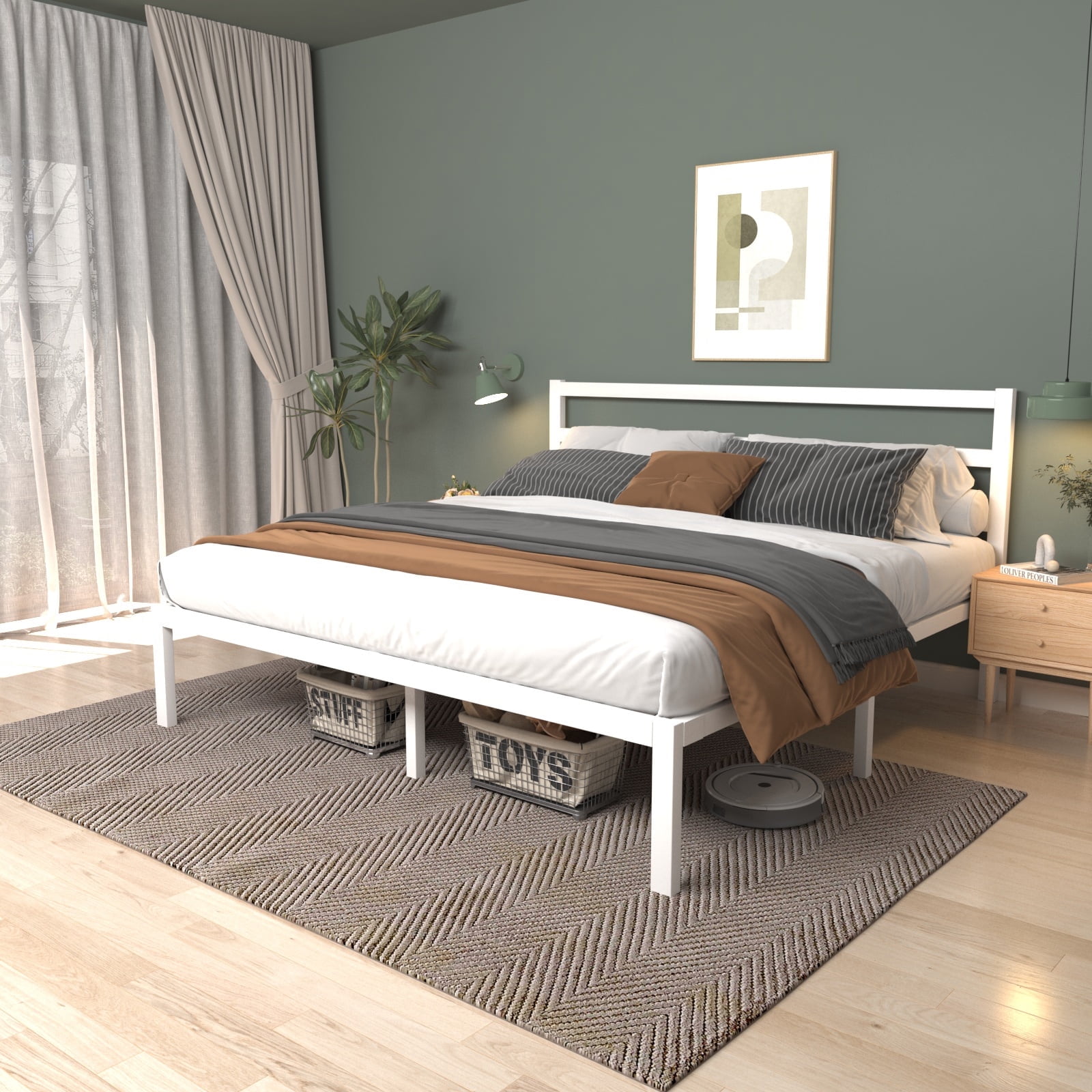 Full Size White Metal Bed Frame with Headboard, Heavy Duty Sturdy Platform Bed, No Box Spring Needed, Easy Assembly, Noise-Free, Modern Style Bedroom Furniture