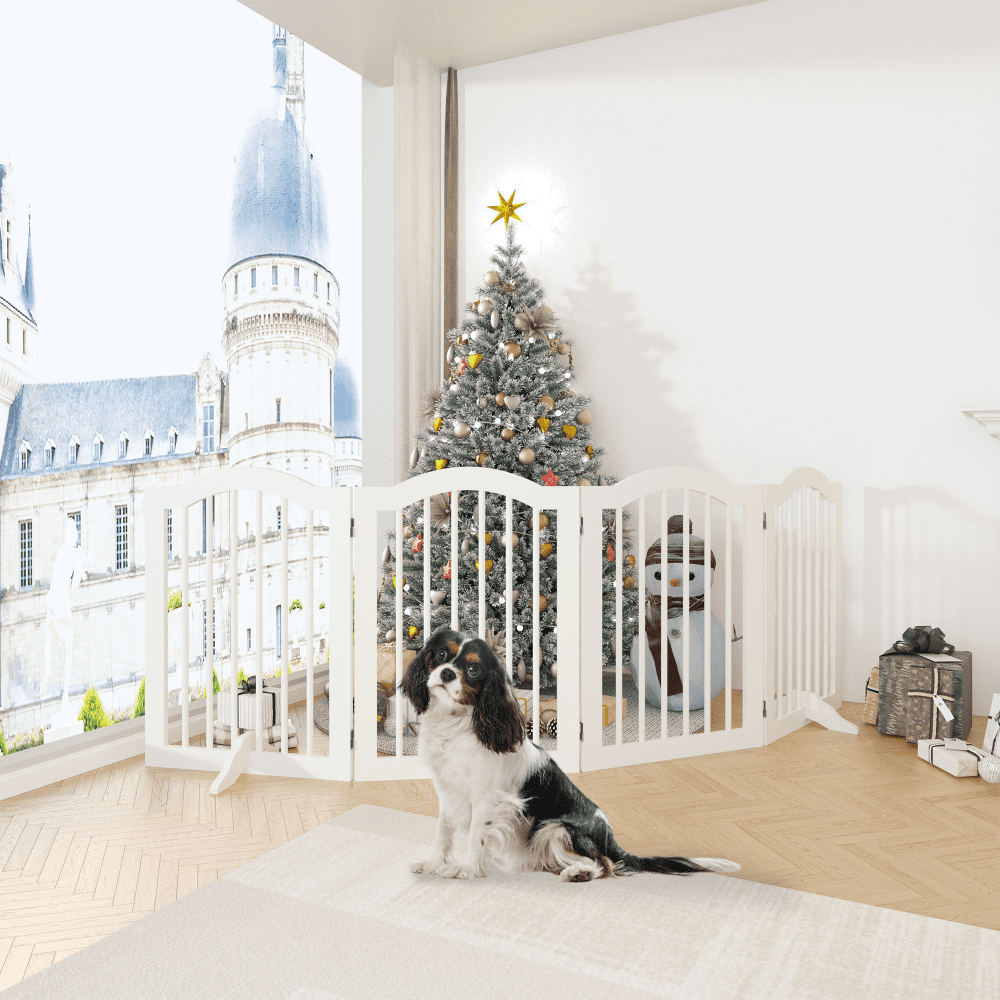27.6" Height Tall Freestanding Pet Gate,4 Panels Foldable Dog Gate,Solid Wood Folding Safety Fence Wooden Dog Gate with 2 pcs Support Feet Ideal for Stairs,Doorways,Halls,Kitchens,Heavy Duty Gat