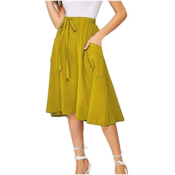 Women's Casual High Waisted Skirts Elegant Drawstring Pleated Flared Skater A Line Swing Midi Skirts with Pockets