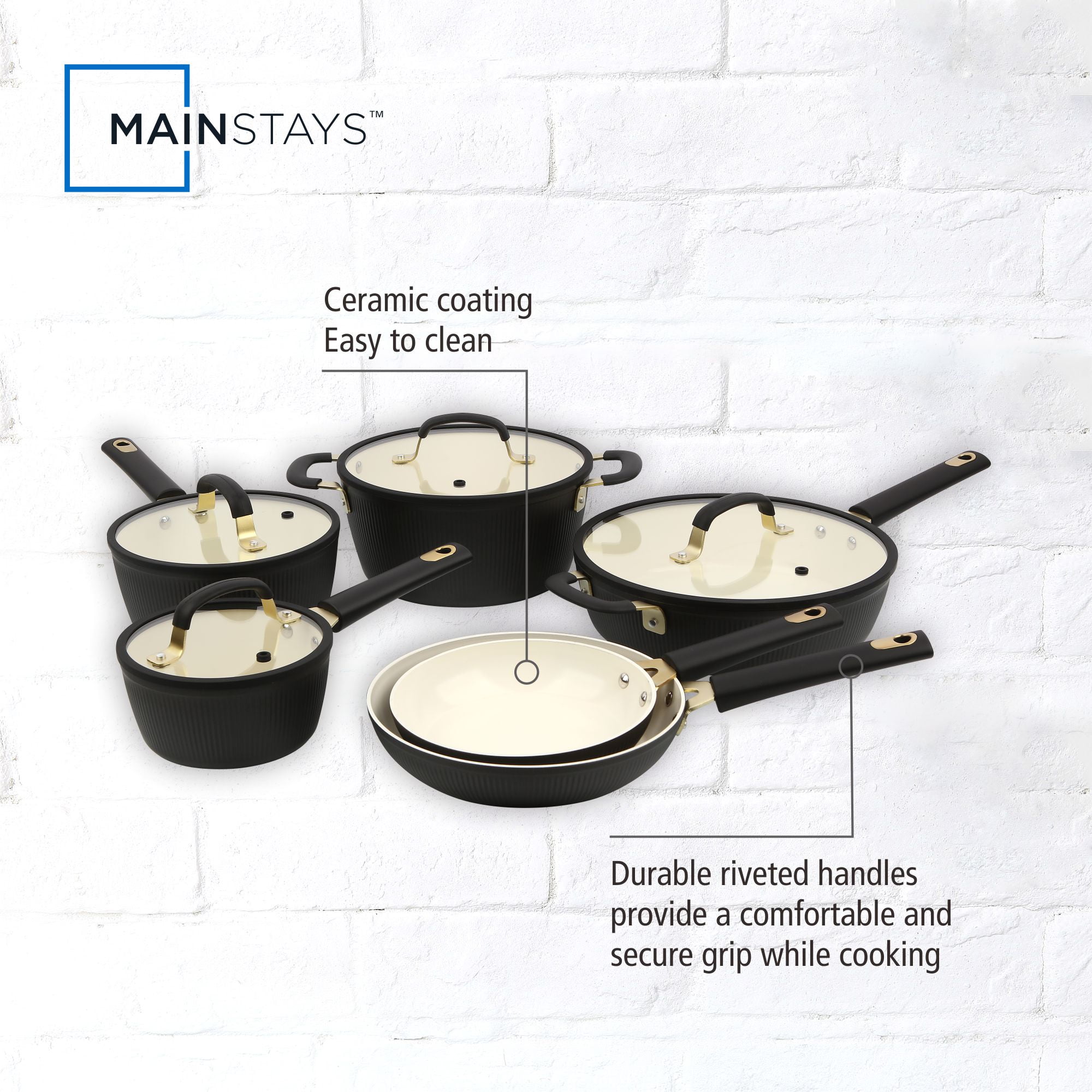Mainstays Striped 10 Pcs Nonstick Ceramic Cookware Set Black