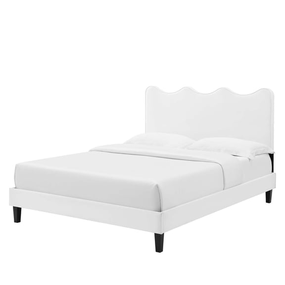 Platform Bed Frame, Full Size, White, Velvet, Modern Contemporary, Bedroom Master Guest Suite Room