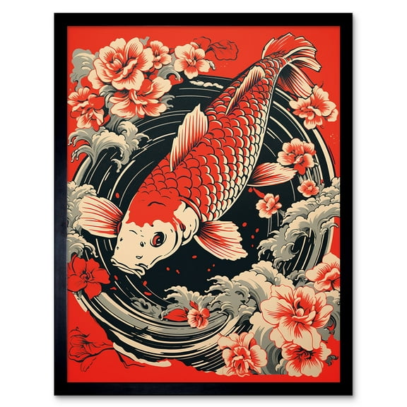 Koi Fish Carp Japanese Whirlpool Red Black Floral Illustration Artwork Coy Art Print Framed Poster Wall Decor 12x16 inch