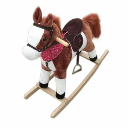 Wooden Pony - Clearance!Kids Plush Ride On Pony Rocking Horse Wooden Toy with Neigh Sound Dark Brown