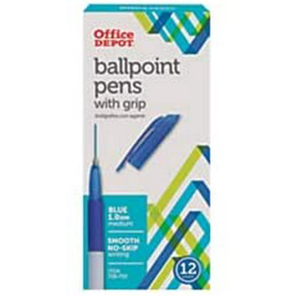 Office Depot Brand Grip Ballpoint Pens, Medium Point, 1.0 mm, White Barrel, Blue Ink, Pack of 12