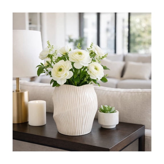 Sagebrook Home Sculptural Wavy Ceramic Vase for Living Room and Home Decor - Modern Ribbed Flower Vase for Bedroom and Office - 11", Ivory & Tan