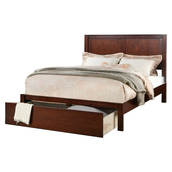 Benjara Kali Platform California King Panel Bed-Storage Drawer-Cherry Brown Wood