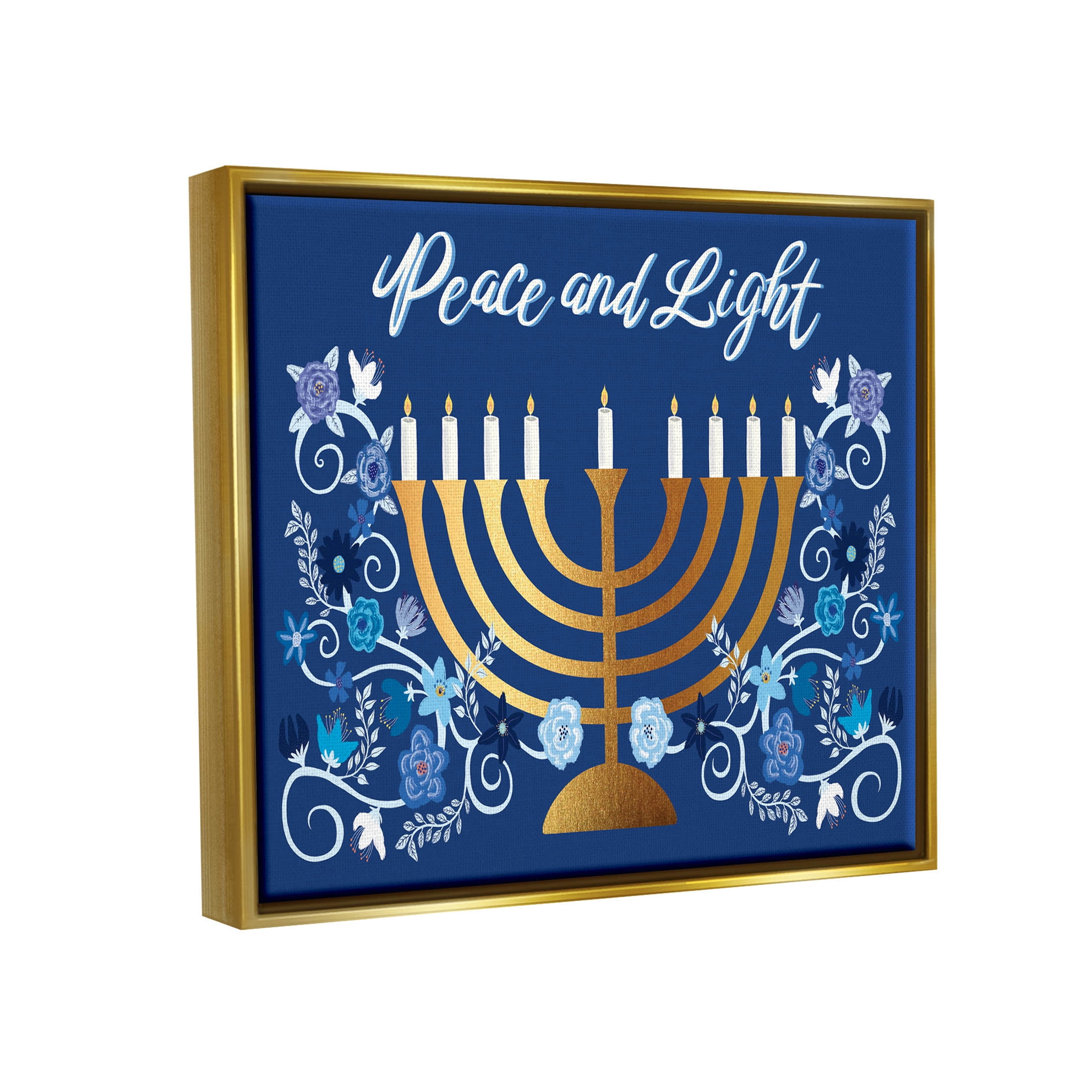 Peace & Light Floral Hanukkah Menorah Holiday Graphic Art Metallic Gold Framed Art Print Wall Art