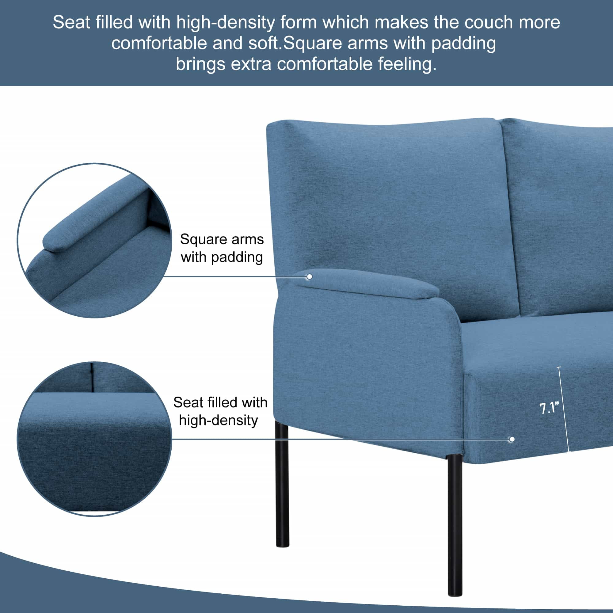 BSHTI Linen Blend Upholstery Loveseat Couch,2 Seating,Metal Frame,High-density Fam Seat Loveseat,Well in Apartments or Rooms with Limited Space(Blue)