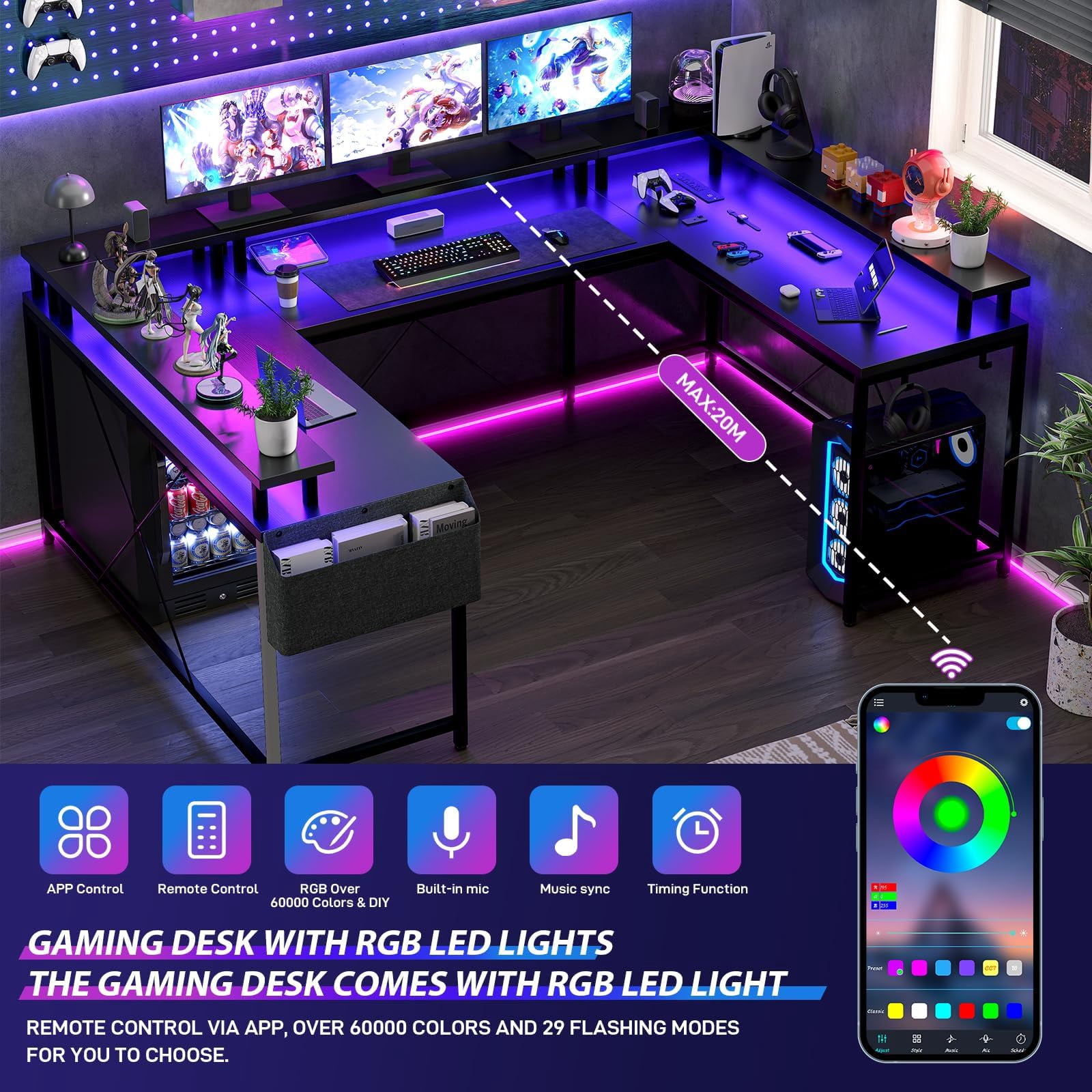 Luku U Shaped Home Office Desk, Reversible L Shaped Gaming Computer Desk with Power Outlets,126 Inch Computer Desk with Monitor Stand and LED Lights,Storage Shelves,Storage Bag and Hooks