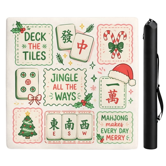 Christmas Mahjong Table Mat, 33" x 33" Non‑Slip Mahjong Game Mat with Storage Bag, Xmas Tree Festive Mahjong Table Cover for Game Night Party Holiday Home Decor