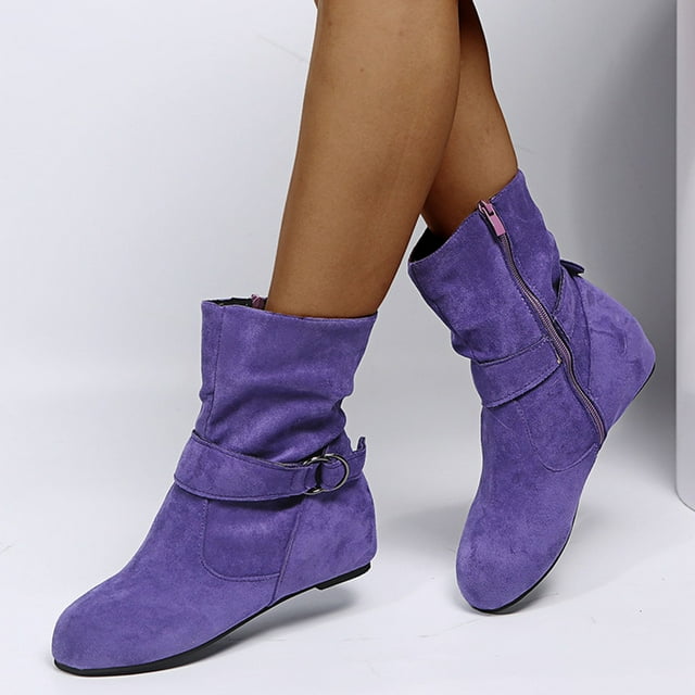 jsaierl Bottes Habillées Mi-Mollet pour Femmes, Mollet Grand, Bottes Plissées, Fermeture Éclair, Talon Plat, Boucle, Fermeture Éclair, Automne Hiver, Courtes, Bout Rond 2024 Boots