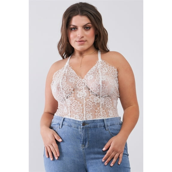 Plus Size Sheer Lace Sleeveless V-neck Criss-cross Back Strap Bodysuit