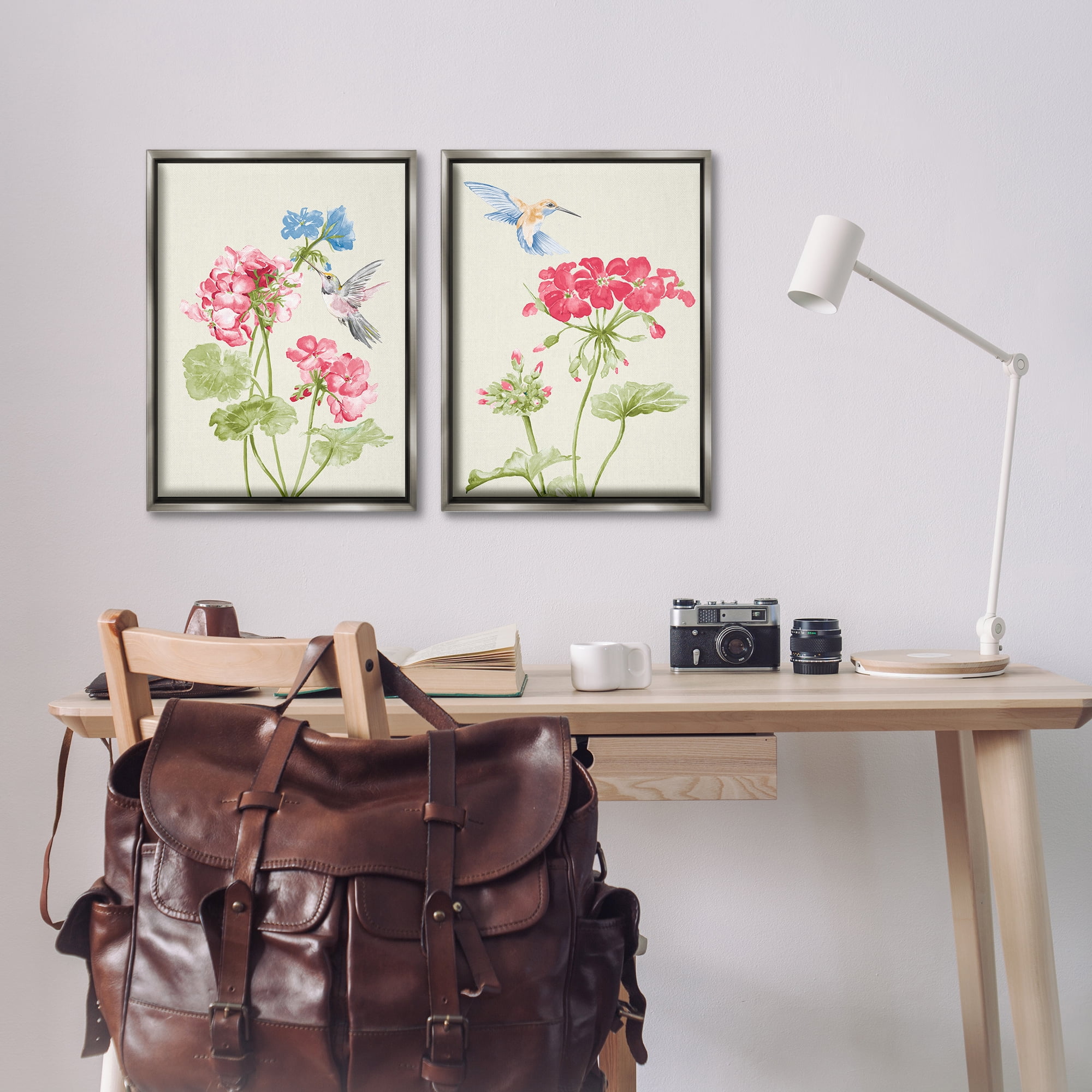 Stupell Industries Pink Geranium Hummingbirds Plants & Flowers Painting Gray Floater Framed Canvas Art Print Wall Art, 17 x 25, Set of 2