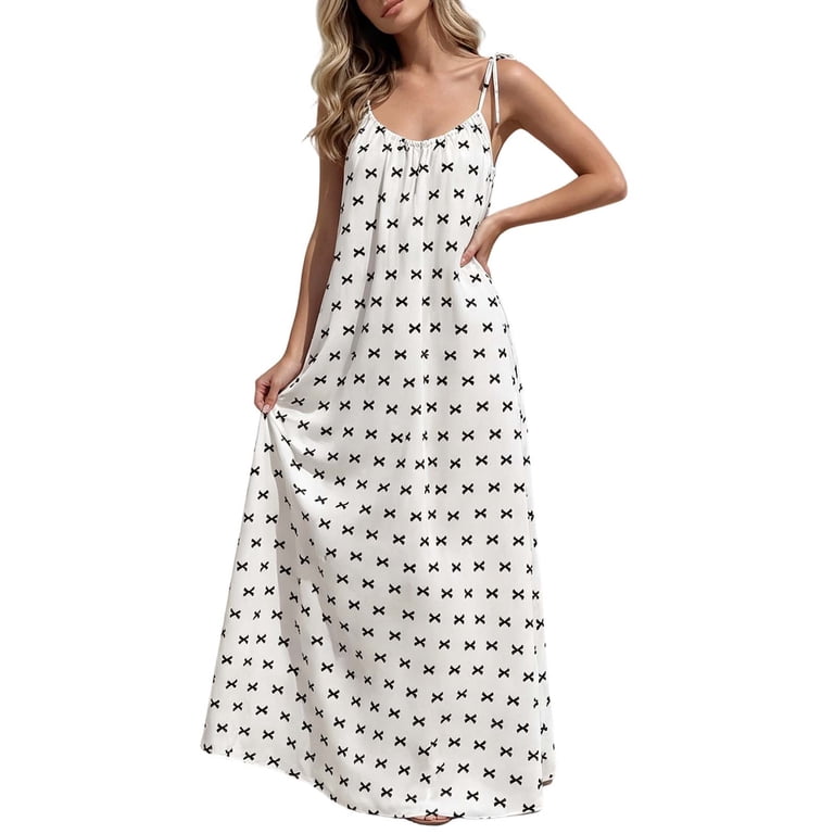 CHGBMOK Women's Empire Waist Maxi Dress Heart Print Adjustable Tie Strap Low Back Summer Casual Dress