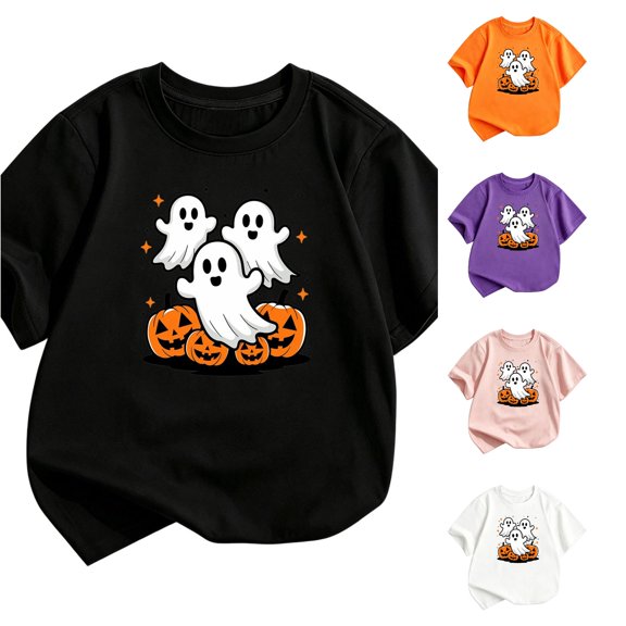 XAOFW Halloween Shirts For Girls Short Sleeve Round Neck Pumpkin Ghost Graphic Tees Toddler Kids Autumn Cute T-Shirts 3-4 Years
