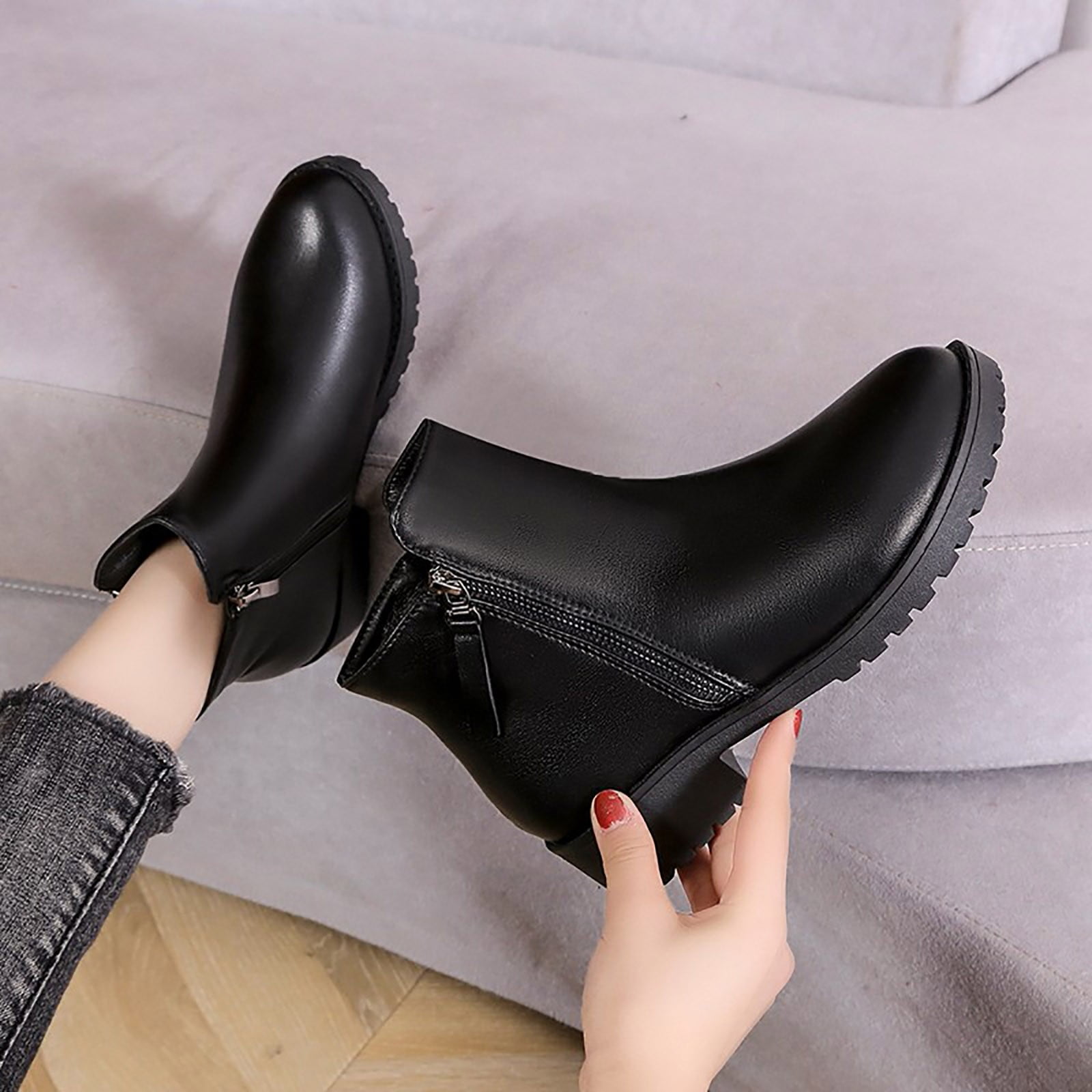 B91xZ Women s Ankle Boots Booties Lug Sole Slip On Chunky Block Heel Ankle Booties Black 8