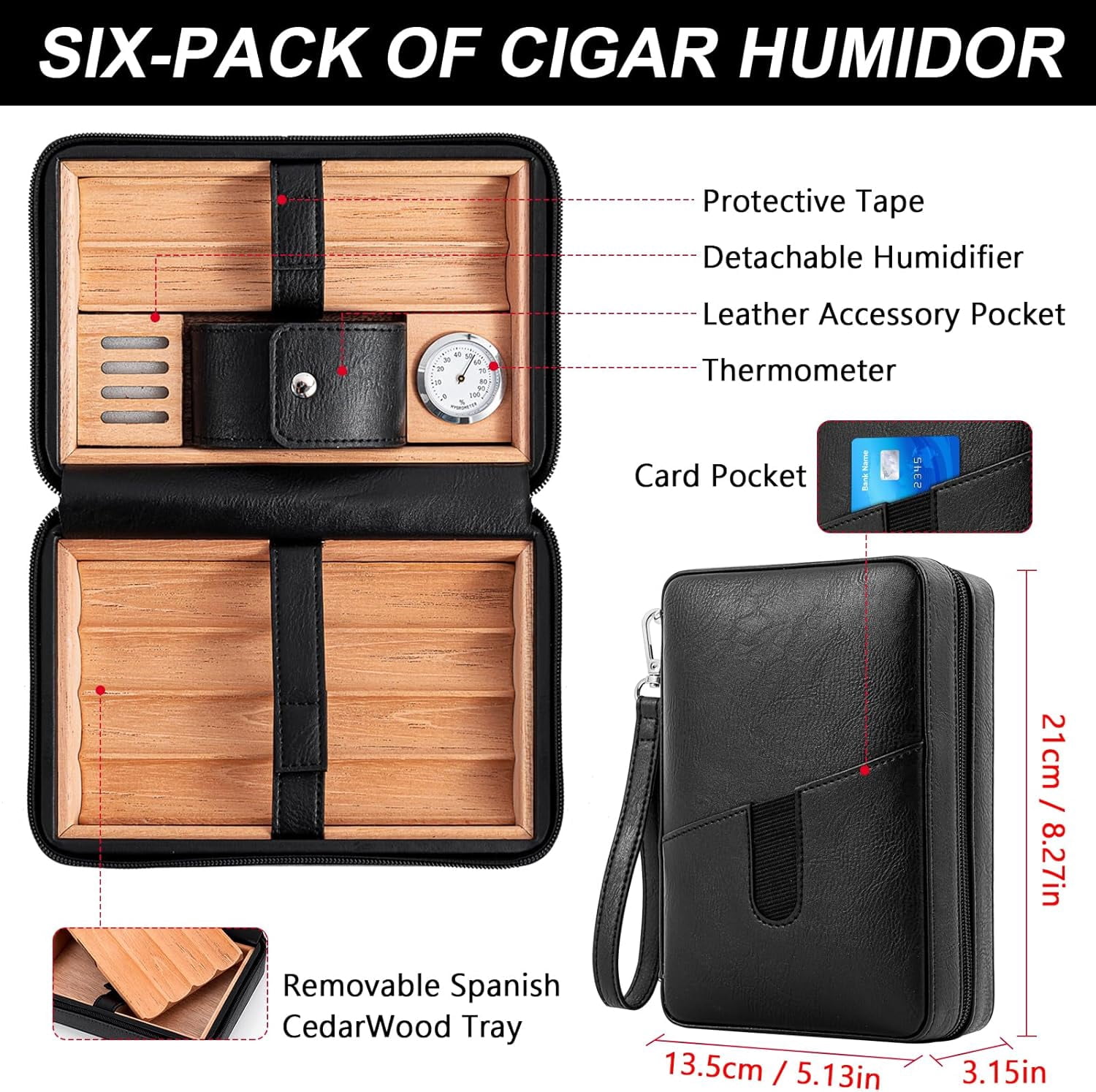 Cigar Humidor Cedar Wood Lined Leather Cigar Case Capacity 6 pcs Built in Hygrometer & Humidifier, Cigar Holder Portable Travel Cigar Humidor Kit(Black)