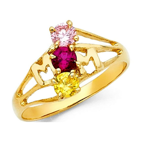 14k Yellow Gold CZ Mom Ring Mothers Day Band Multi Color CZ Three Stone Stylish Fancy Size 7