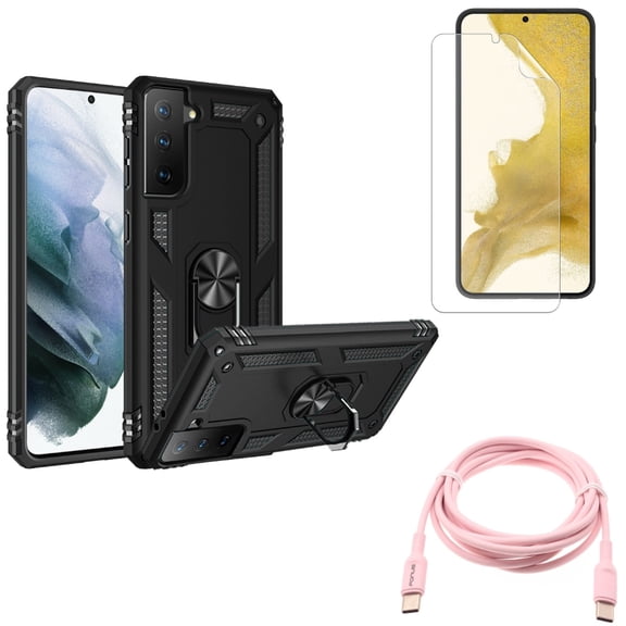 Hybrid Case Cover & Pink 6ft Long Cable & Matte Screen Protector for Samsung Galaxy S22 (6.1") - Metal Ring Kickstand & USB-C to Type-C PD Fast Charger & TPU Film Anti-Glare Accessory Bundle