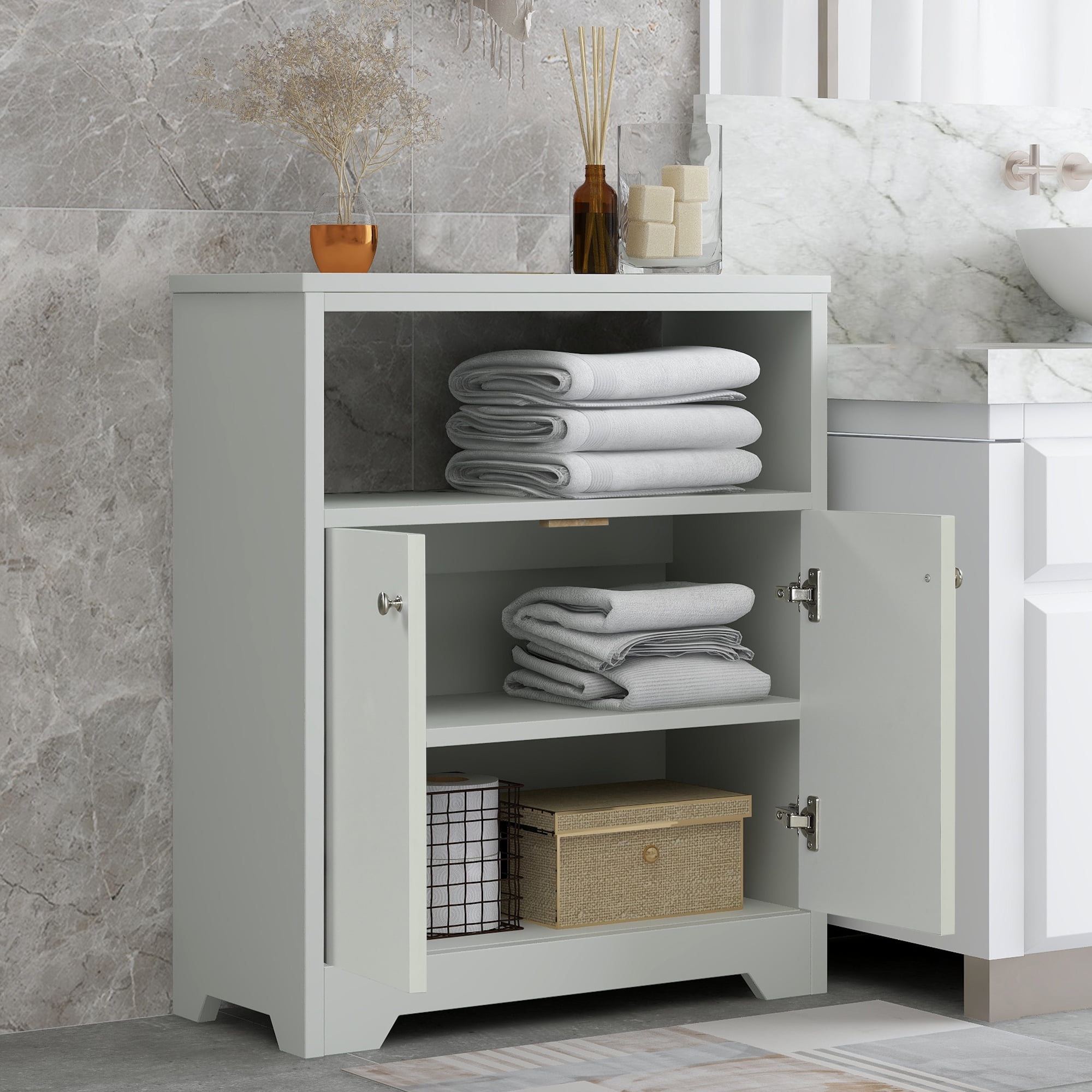 Grey Bathroom Storage with Adjustable Shelves, Freestanding