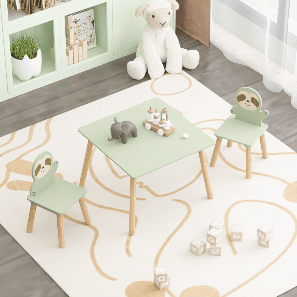 Kids Table and Chair Set with 2 Cute Sloth Chairs, Wooden Toddler Activity Table, Cute Animal Design Play & Study Set for Playroom, Bedroom, Classroom – Sage Green