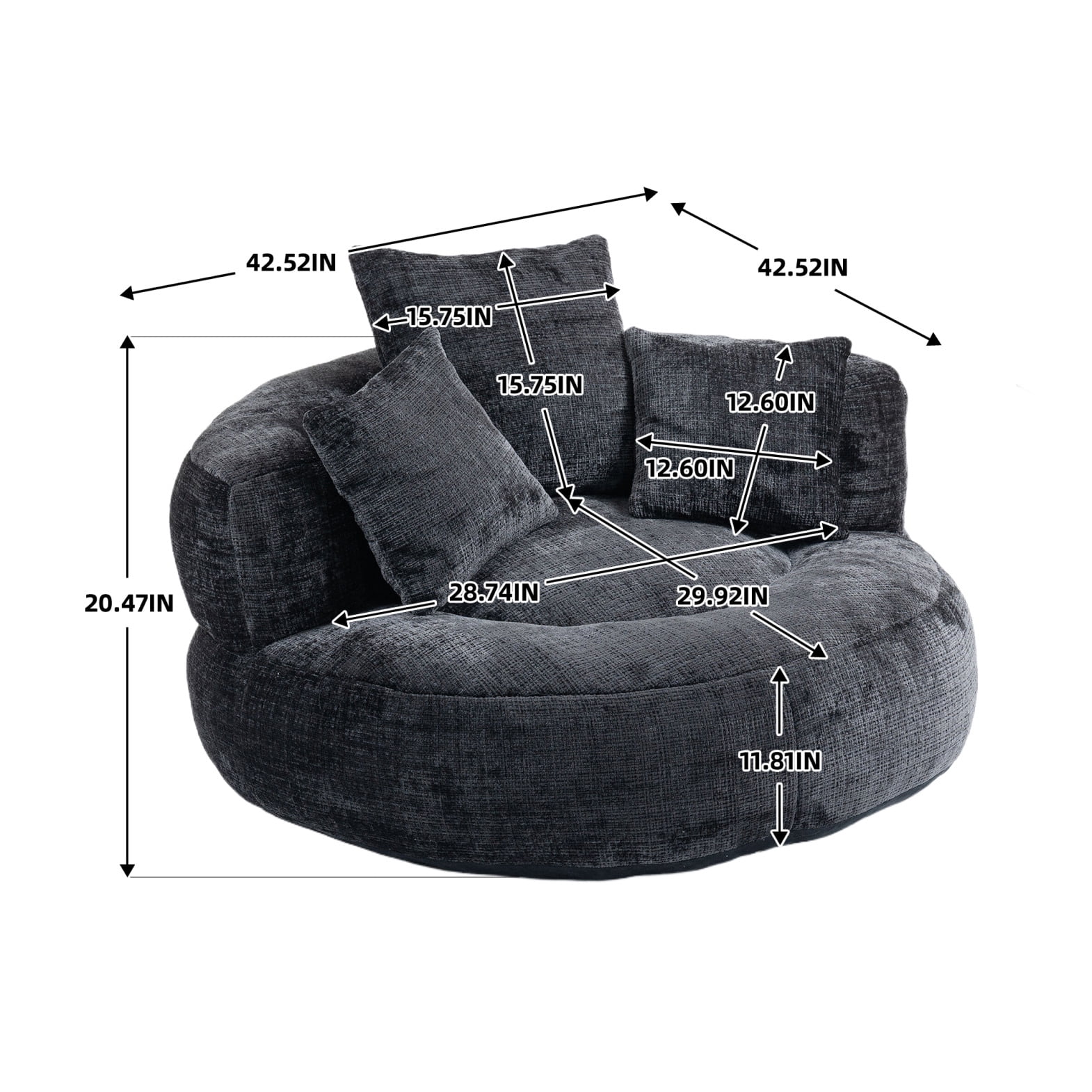 Oversized Chenille Bean Bag Chair for Adults & Kids, Indoor & Outdoor Lazy Bean Bag Sofa with Wrap-Around Backrest & Pillows for Bedroom, Living Room, Playroom, 42.52''x42.52''x20.47'', Black