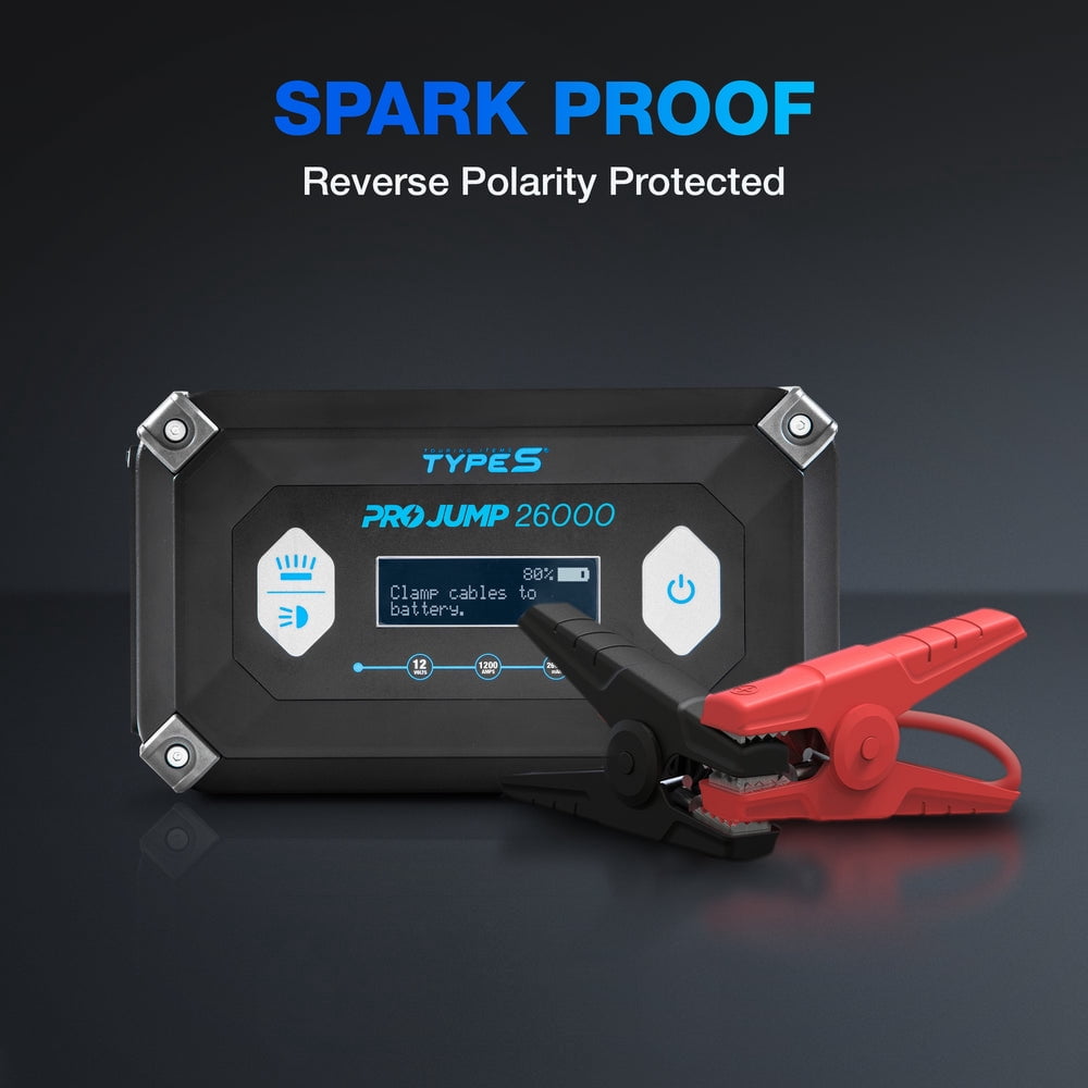 Type S Dynamic Pro 2500A Car Battery Jump Starter Portable Charger Power Bank, Laptop Power Bank 26000 mAh, 12V 9L Gas 6L Diesel, LCD Display Guide, USB-C & USB-A, LED Flashlight, UL Listed