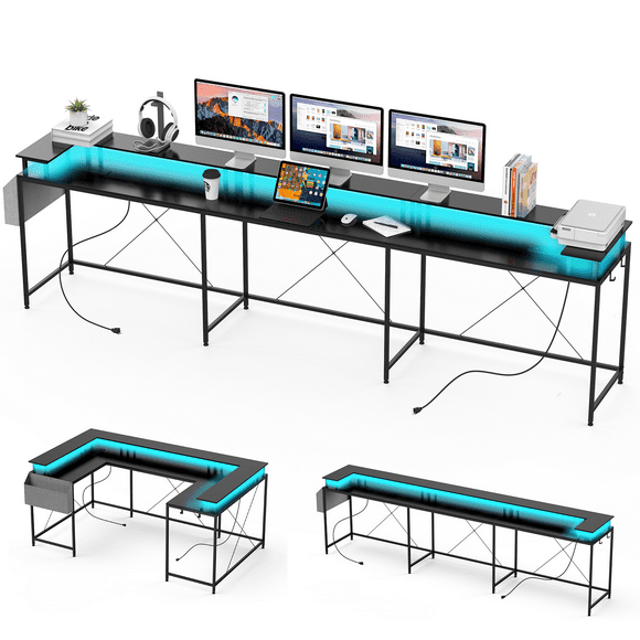 Zzistar U Shaped Desk, 126 Inch Gaming Desk with Monitor Stand and LED Lights, Reversible Shaped Large Computer Desk with Power Outlets, Large Corner Office Desk with Storage Bag and Hooks
