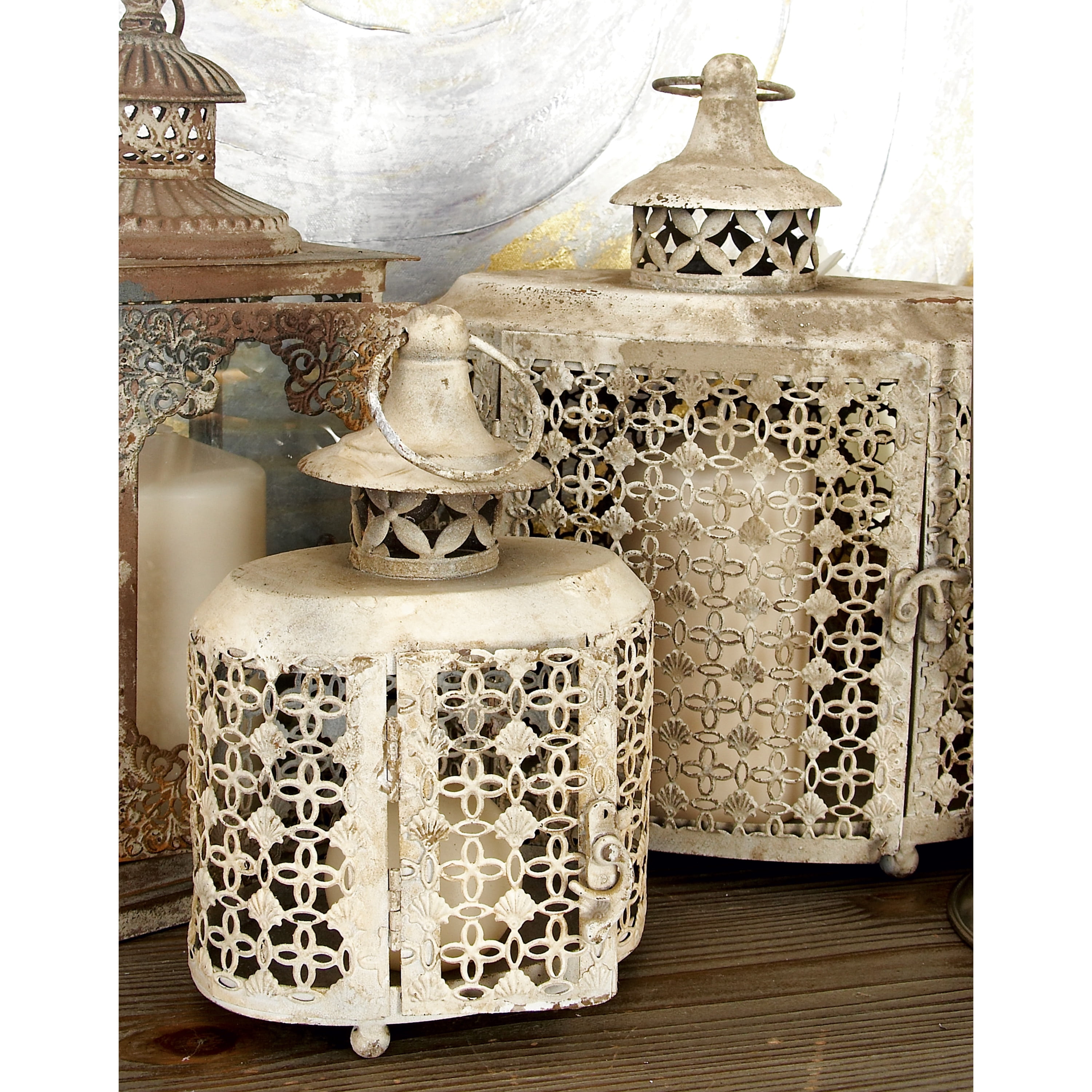 DecMode Indoor 12', 9'H Rustic Iron Lantern, Beige, 2 - Pieces
