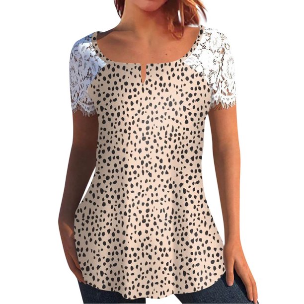 Mujeres Tops Casual verano encaje manga corta Split cuello túnica impresa camisetas camisetas Tops OAVQHLG3B Store lin121212