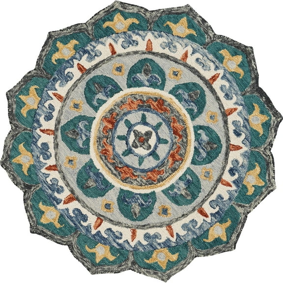 Laddha Home Designs 6' Blue and Green Floral Mandala Hand Tufted Area Throw Rug