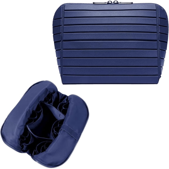 Travel Makeup Organizer Bag with 27 Pockets & Adjustable Dividers, Large Capacity Cosmetic Toiletry Case for Women, Fold-Down Vanity Pouch for Full-Size Bottles and Brushes, 8 x 4.5 x 7 in(Navy Blue)